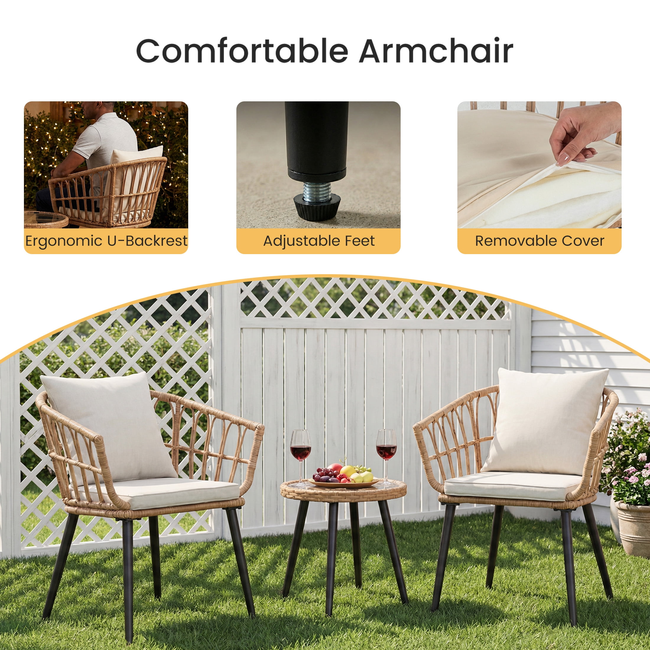 EDX 3 Piece Outdoor Patio Wicker Furniture Set, Rattan Chairs with Tempered Glass Coffee Table, Sturdy Steel Frame, Washable Cushions, for Balcony Backyard Poolside Lawn,Beige