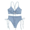 thumbnail image 4 of Efsteb 2 Piece High Waisted Bikini Set for Women V Neck Backless Strap Split Swimsuit Solid Color Drawstring Two Piece Bathing Suit (Sky Blue,XL), 4 of 5