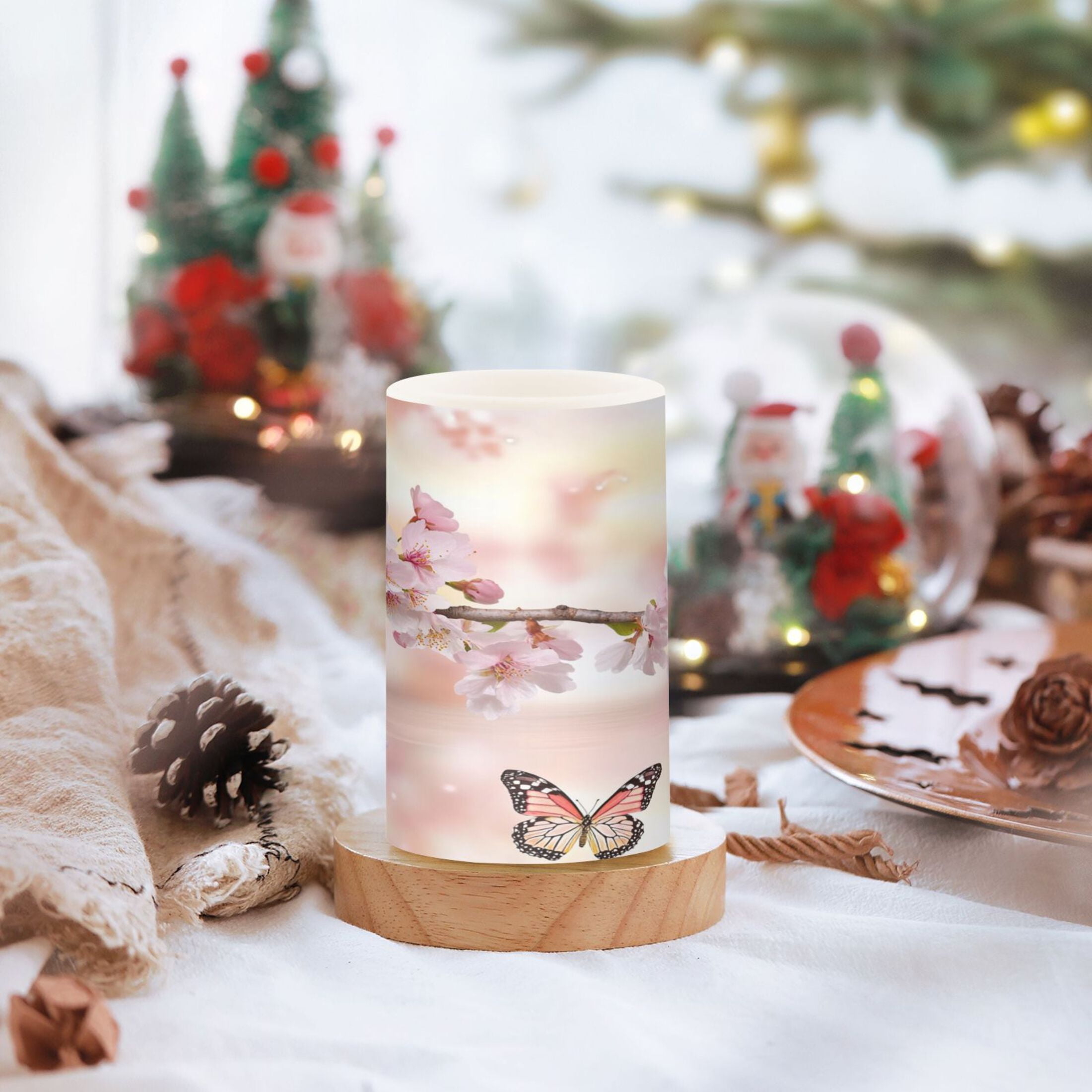 Flameless Candles Lights, Pack of two LED Lights, Dimmable LED Pillar Candles Battery Operated, Flames Remote Control Beautiful Cherry and Butterflies