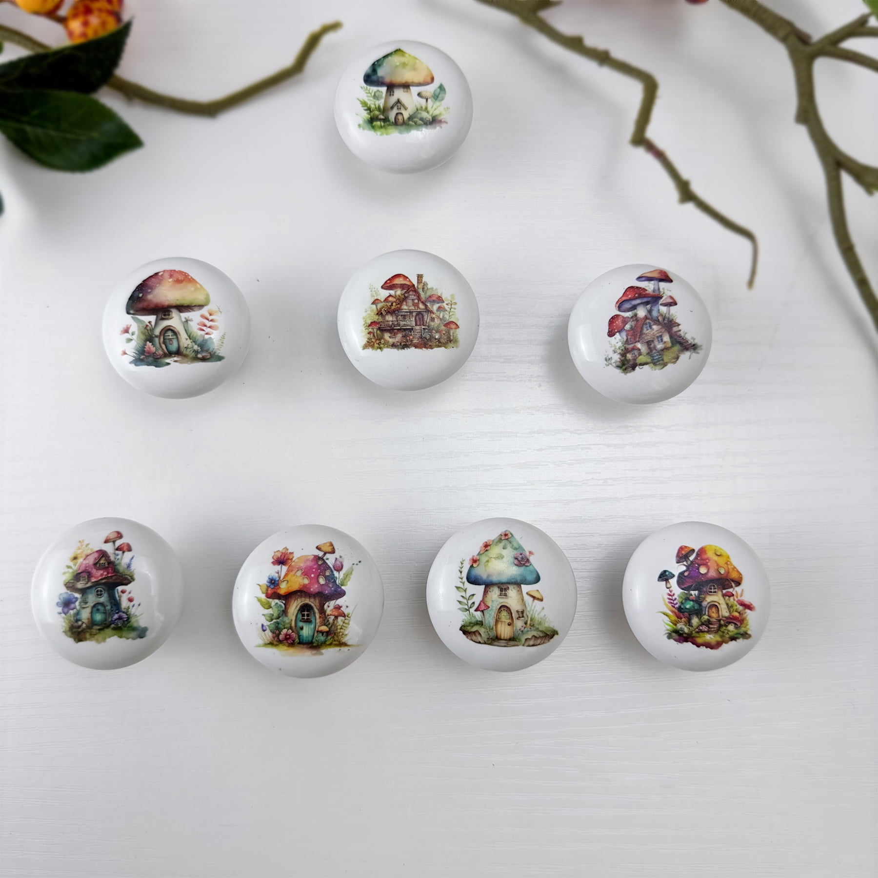 Jamjam  Mushroom Plant Ceramic Cabinet Knob 8Pack Nursery Vintage Unique Dresser Drawer Handles Furniture Hardware Pulls and Knobs 1.5 X 1.5 Inches
