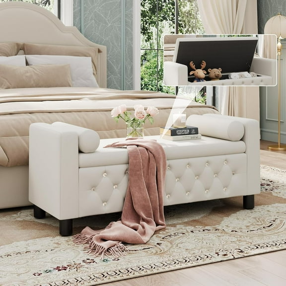 55" Storage Bench Ottoman End of Bed Bench Bedroom Bench, Linen Upholstered Storage Bench Accent Bench with Arms, 2 Pillows for Bedroom,Living Room, Entryway, Beige