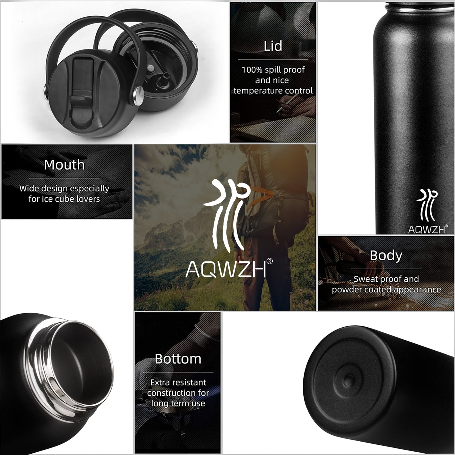 AQwzh 40 oz Black Insulated Stainless Steel Water Bottle with Straw and Wide Mouth Lid