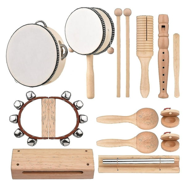 HEFEI,Fast Delivery 13 Pcs Wooden Music Instruments Set Percussion Kids  Musical Instruments Toys Include Tambourine Chime Bar Maracas With Carry Bag