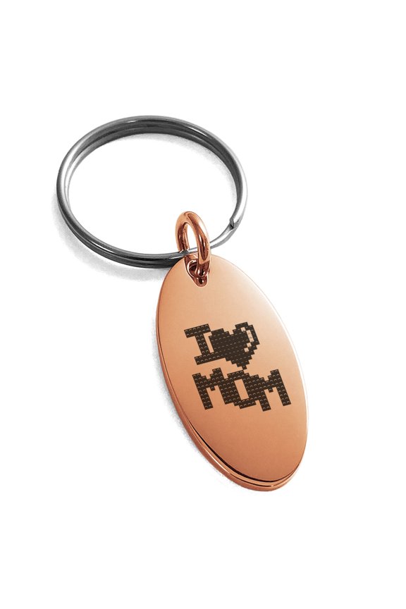 Gold Plated Stainless Steel Pixel I Heart Mom Small Oval Charm Keychain Keyring