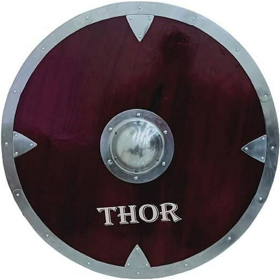 THOR INSTRUMENTS Viking Brown Wooden Battles Shield With Steel Rim LARP Shield 30" Rustic Vintage Home Decor Gifts