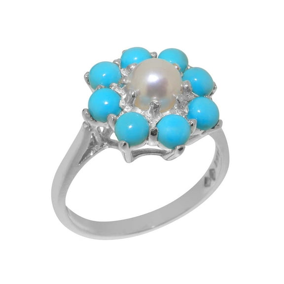 LBG British Made 9k White Gold Cultured Pearl & Turquoise Womens Statement Ring - 33 size options - Size 10