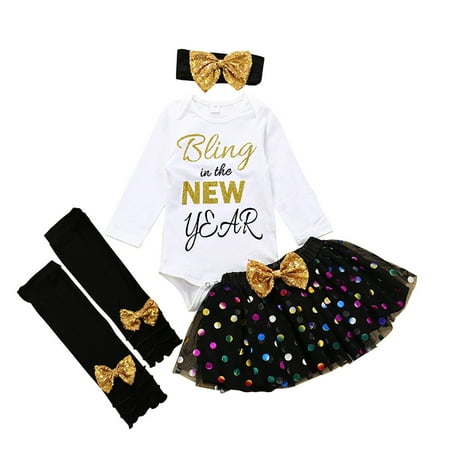 

EHTMSAK Newborn Infant Baby Toddler Girl T Shirts and Stocking Skirt Set Long Sleeve New Year Clothing Set Outfits with Headband Black 0-2Y 90