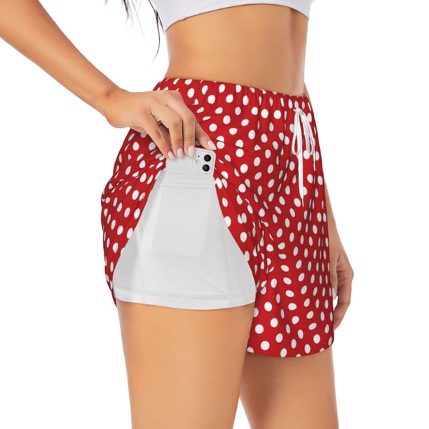 Balery Red Polka Dot Pantalones cortos deportivos para mujer con forro y dos bolsillos, elásticos, para entrenamiento, gimnasio, yoga-Small