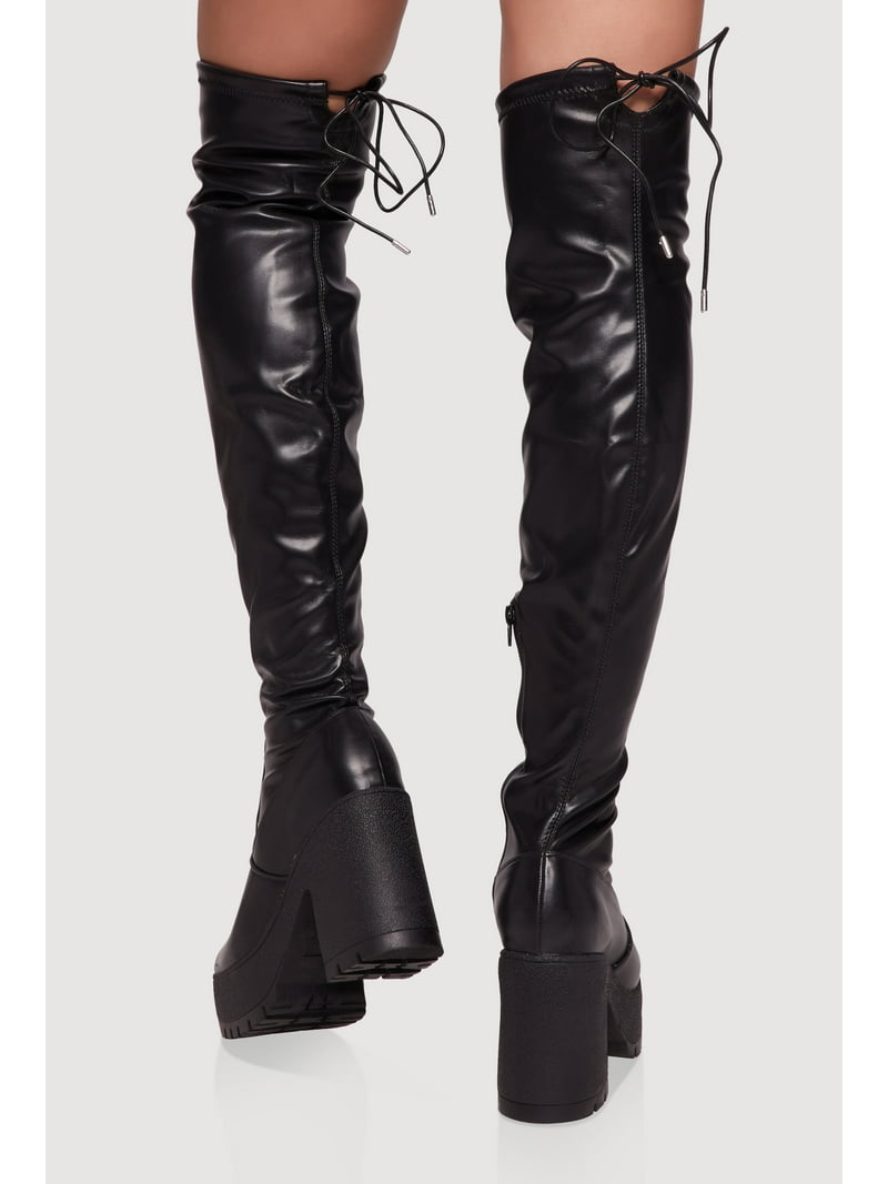 Women's Tie Back Chunky Heel Over The Knee Platform Boots