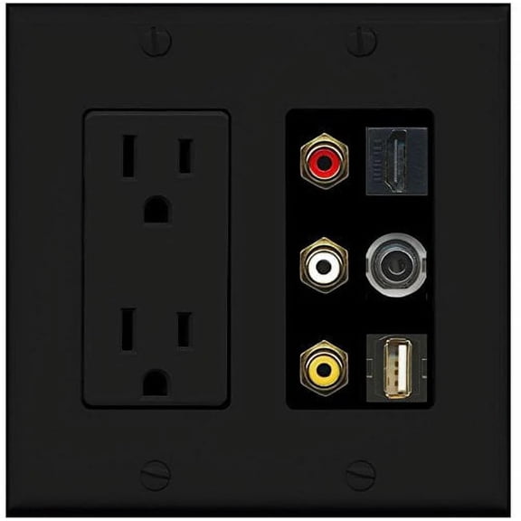 RiteAV - (2 Gang Decorative Power Outlet Composite Video 3.5mm USB HDMI Wall Plate Black