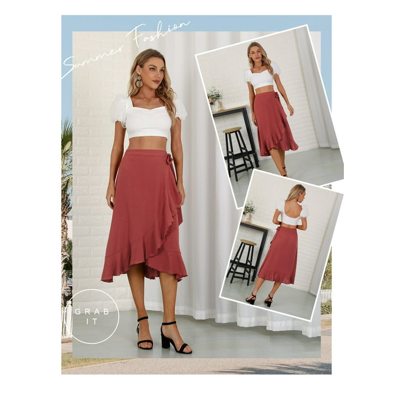 SLADYGLD Women Lace Up Waist Irregular Ruffle Hem Wrap Midi Skirt - Main Image