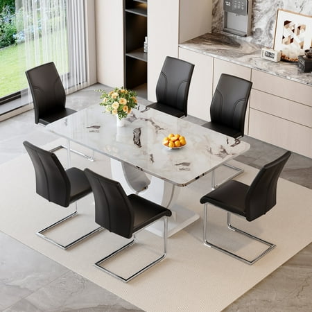 NYEESS 63" White Faux Marble Rectangular Dining Table Set with 6 PU Chairs, Modern Style for Kitchen or Dining Room