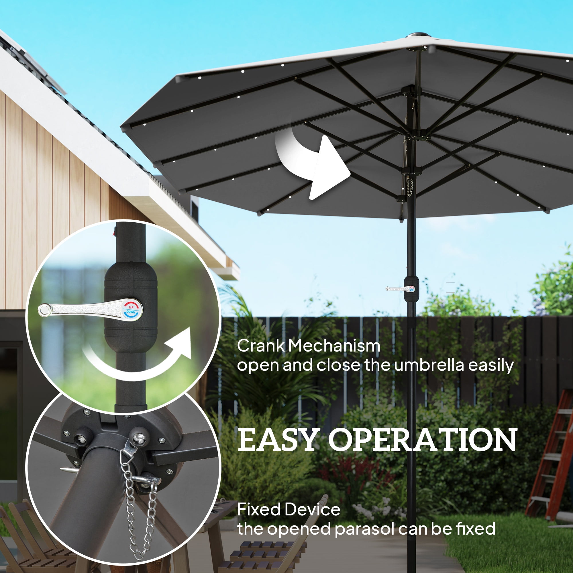 Outsunny Double-Sided Sun Umbrella, Outdoor Garden Parasol, Patio Sun Shade with LED Solar Light, Sand Base, Gray