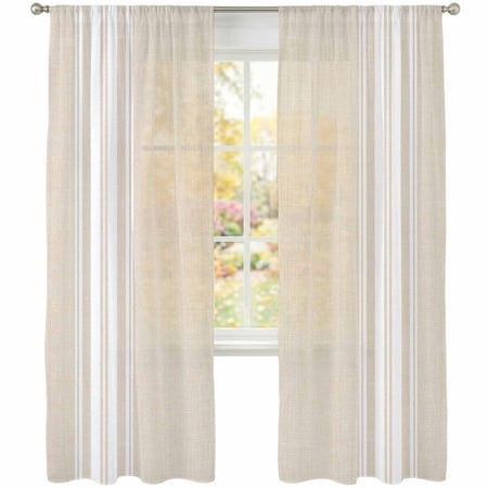 Vertical Stripes Sheer Curtains 84 Inches Long 2 Panels Rustic Minimalist Parallel Lines Beige Cream Semi Sheer Rod Pocket Window Curtains Light Filtering Drapes for Living Room Bedroom