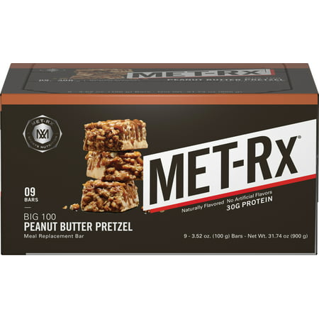 MET-Rx Big 100 Protein Bar, Peanut Butter Pretzel, 30g Protein, 9 Ct