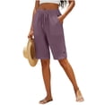 thumbnail image 4 of Utoimkio Women's Linen Bermuda Shorts Drawstring Elastic Waist Side Slit Button Detail with Side Pockets for Summer Casual Wear, 4 of 5