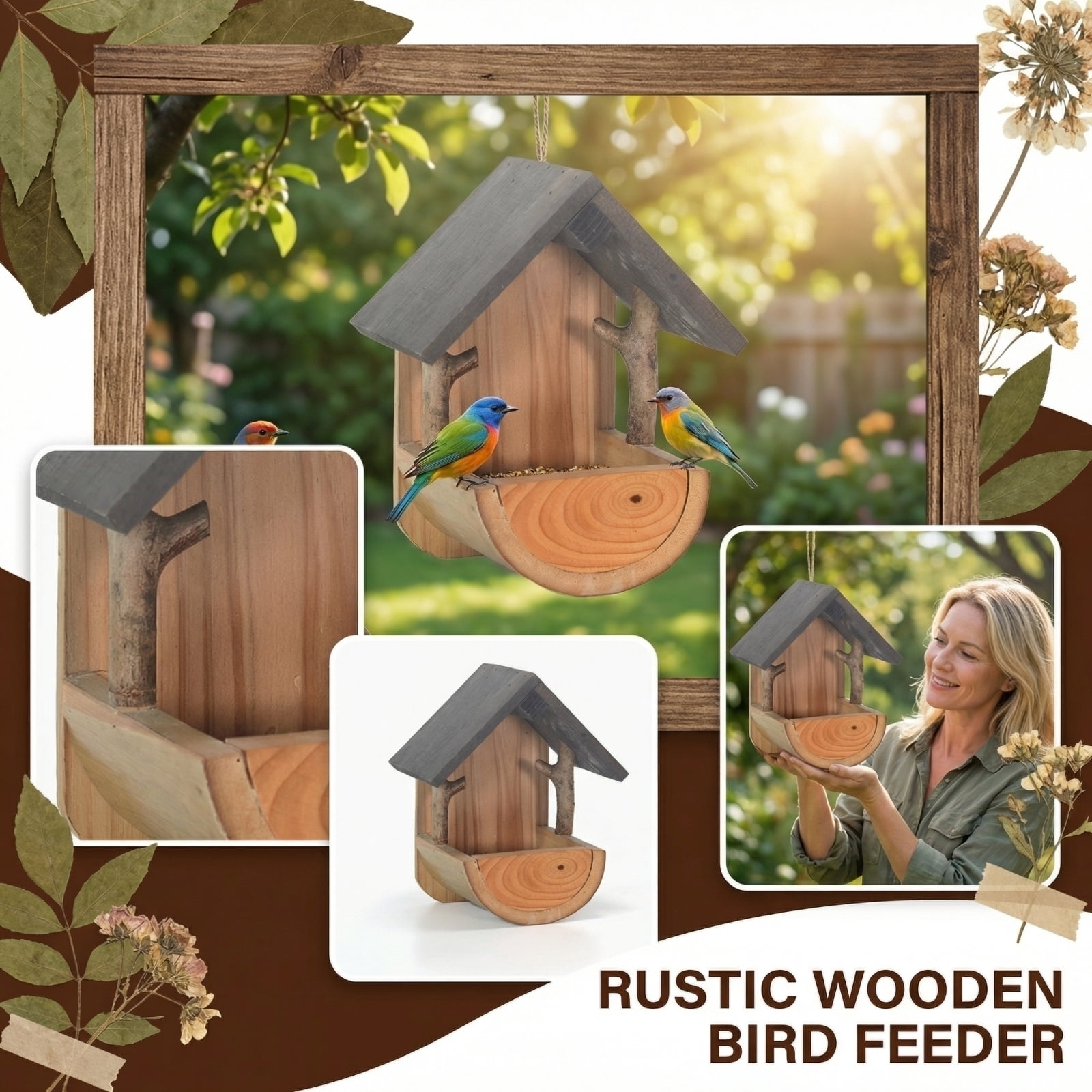 Wooden Bird Feeder Wall Mounted, Large Capacity Outdoor Hanging Bird Feeder with Rear Mounting Hole for Patio Yard, Decorative Wood Bird House Garden Ornament