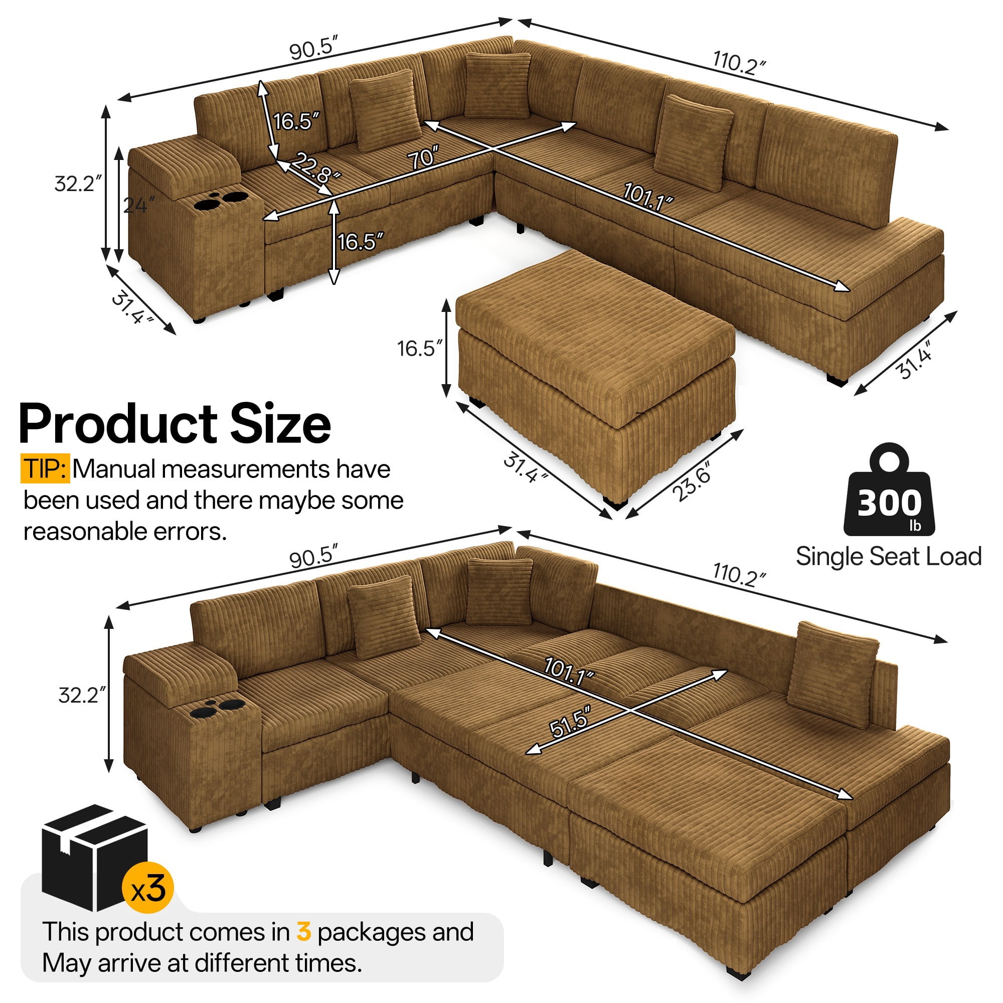 LLappuil 110" Sectional Sofa, Modular Sectional Couch Convertible Sofa Bed, 7 Seat Corduroy Sofa Couch with Movable Ottoman, Hidden Armrest Storage & USB Charging Ports Camel