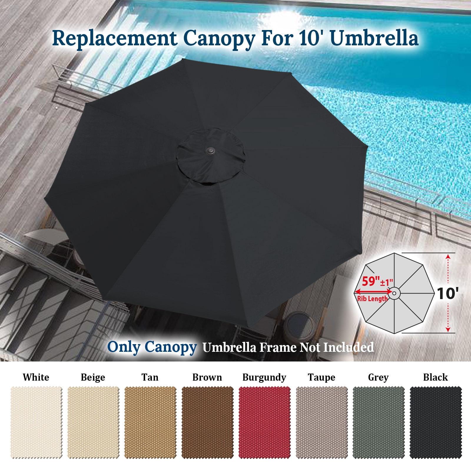 Sunrise 10' Umbrella Canopy Top Cover Patio Replacement Top Cover 8 Ribs Outdoor Sunshade (Black, Cover only, Frame not Included)