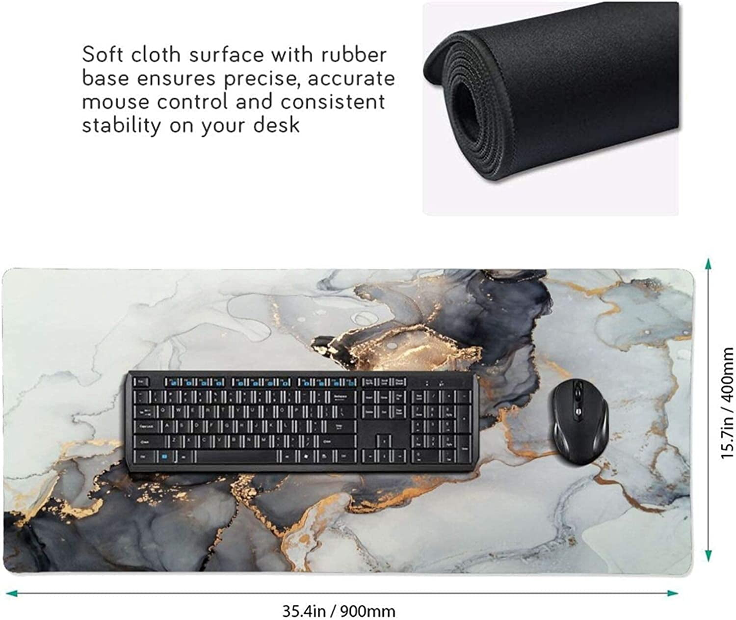 Gold Marble Extended Gaming Mouse Pad Non-Slip Rubber Base Large White Mousepad 35.4×15.7in with Stitched Edge Waterproof Thick Keyboard Pads Black Computer Desk Laptop Mats for Work Game Office