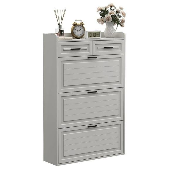 Home Shoe Storage Cabinet with 3 Flip Drawers and 2 Drawers, Hidden Wood Shoe Cabinet for Entryway, Freestanding Shoes Organizer Cabinet, Narrow Shoe Rack