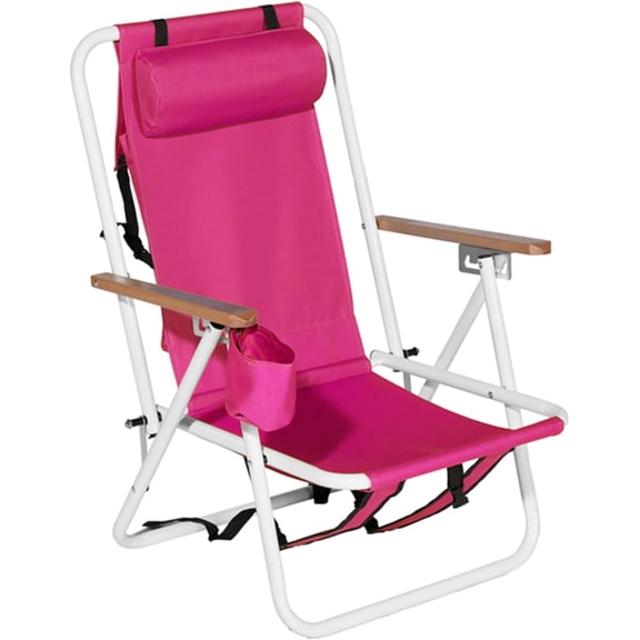 Portable Folding Beach Chair with Backpack Straps, 4-Position Reclining Outdoor Chair for Adults, Lightweight Steel Frame, Headrest, Wooden Armrests & Cup Holder, Camping Beach Concert Chair, Pink