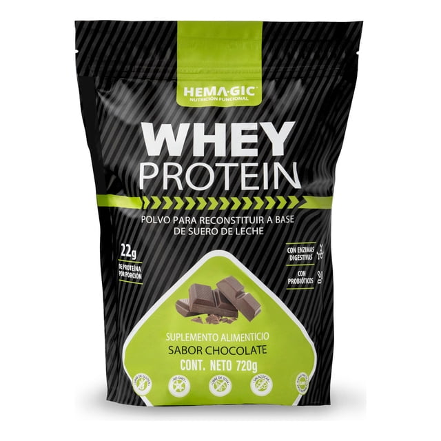 HEMAGIC Proteína Whey 720gr - 22 g de Proteína de Suero de Leche En Polvo - Con Probióticos y Enzimas Digestivas - 60 Porciones - Suplementos Alimenticios - Sabor Chocolate