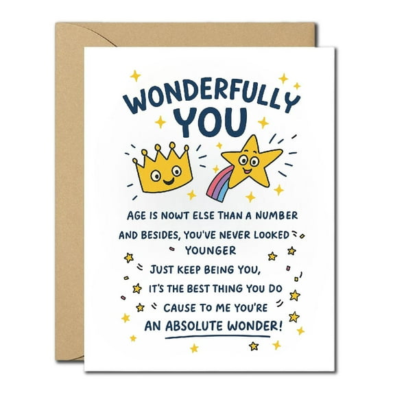 Positive Affirmation Birthday Card - Wonderfully You, Cute Crown & Star Design, Encouraging Greeting Card for Friends, Family, Loved Ones, Blank Inside