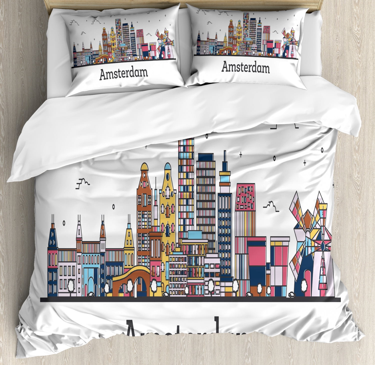 Amsterdam Duvet Cover Set Queen Size, Buildings in a Panoramic View