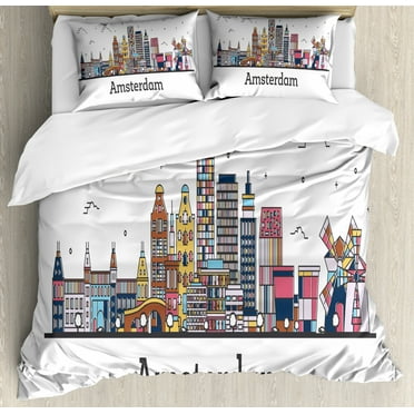 Amsterdam Duvet Cover Set Queen Size, Buildings in a Panoramic View Netherlands Culture Cityscape Landmarks, Decorative 3 Piece Bedding Set with 2 Pillow Shams, White and Multicolor, by Ambesonne