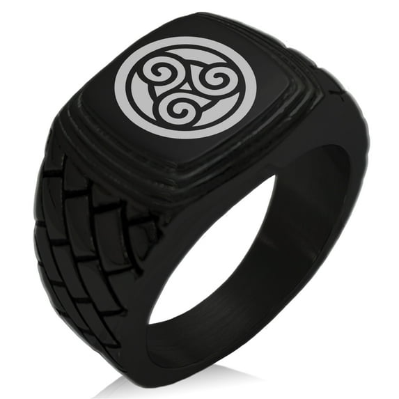 Stainless Steel Celtic Triskele Triskelion Circle Knot Geometric Pattern Step-Down Biker Style Polished Ring