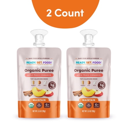(2 pack) Ready, Set, Food! Apple Peach Cinnamon Organic Baby Food, 3 Top Allergens, Stage 2, 3.5 oz Pouch
