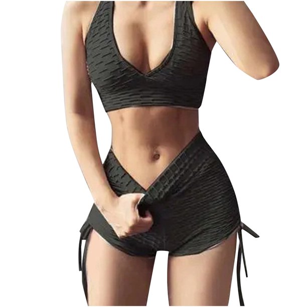 Gibobby Ropa Deportiva Mujer Trajes de entrenamiento para mujeres Conjuntos de mallas de yoga de cintura alta con sujetador deportivo sin costuras de 2 piezas(Negro, XL)