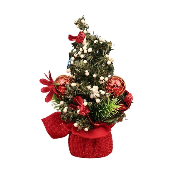 Christmas Mini Tabletop Tree Ornament, Artificial Plastic Tree with Red Poinsettia and Ball Accents, Window Shelf Desk Display for Holiday Home Party, Small Gift