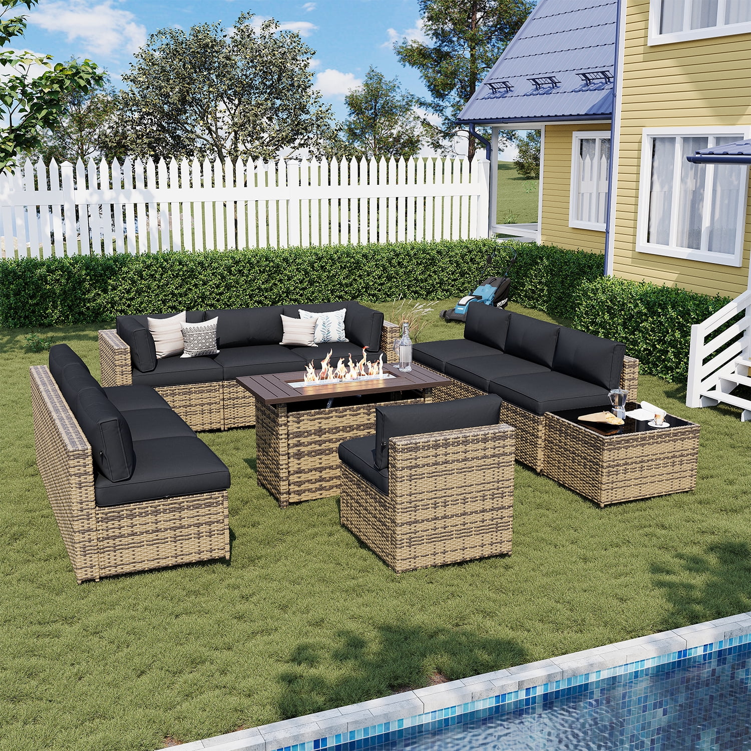 Sunmthink 12-Piece Outdoor Patio Furniture, Patio Furniture Sets with Fire Pit, Wicker Outdoor Conversation Set and Waterproof Cover