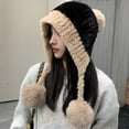 thumbnail image 2 of Xfvqtps Womens Beanie with Ear Flap Plush Brim Pompom Strap Color Blocking Cute Kawaii Fluffy Fuzzy Windproof Coldproof Warm Outdoor Winter Fluffy Plush Hat Black, 2 of 4