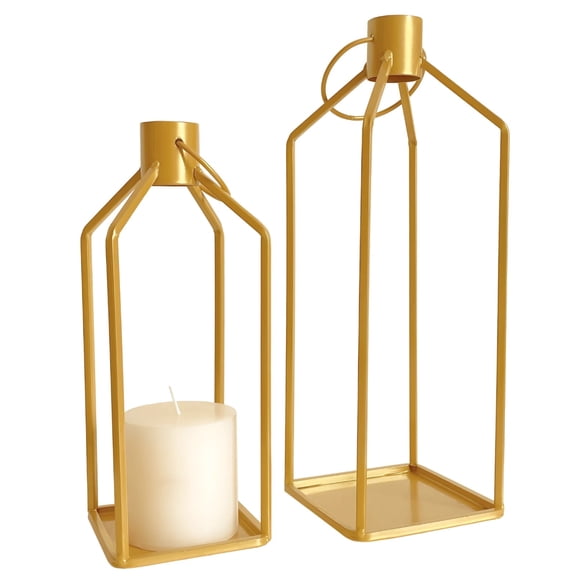 Large Outdoor Candle Lantern Set, 2 Pcs Metal Lanterns with Flameless Timer Candles, Hanging or Standing Lanterns for Living Room or Patio, Gold Iron Frame Design