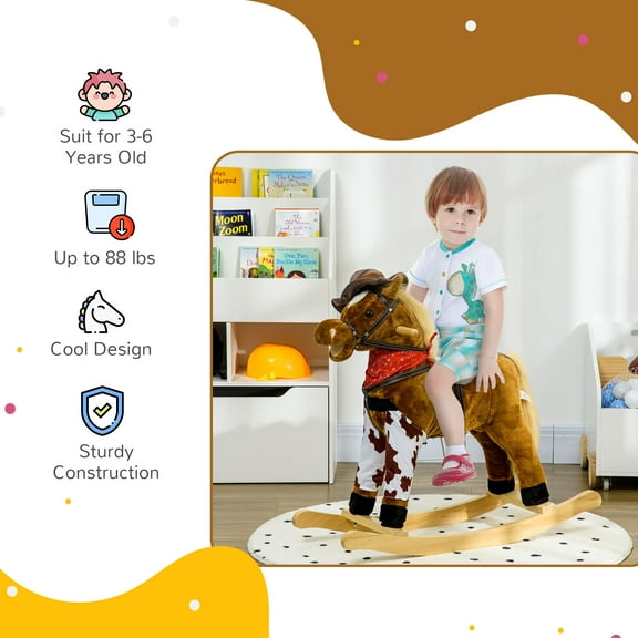 Qaba Baby Rocking Horse,Large Riding Horse,Plush Animal Rocker with Realistic Sound,Saddle,Toy for Boy Girl Ages 3-8 Years Old,Brown,Brown Plush Toys Kids Bikes Riding Toys