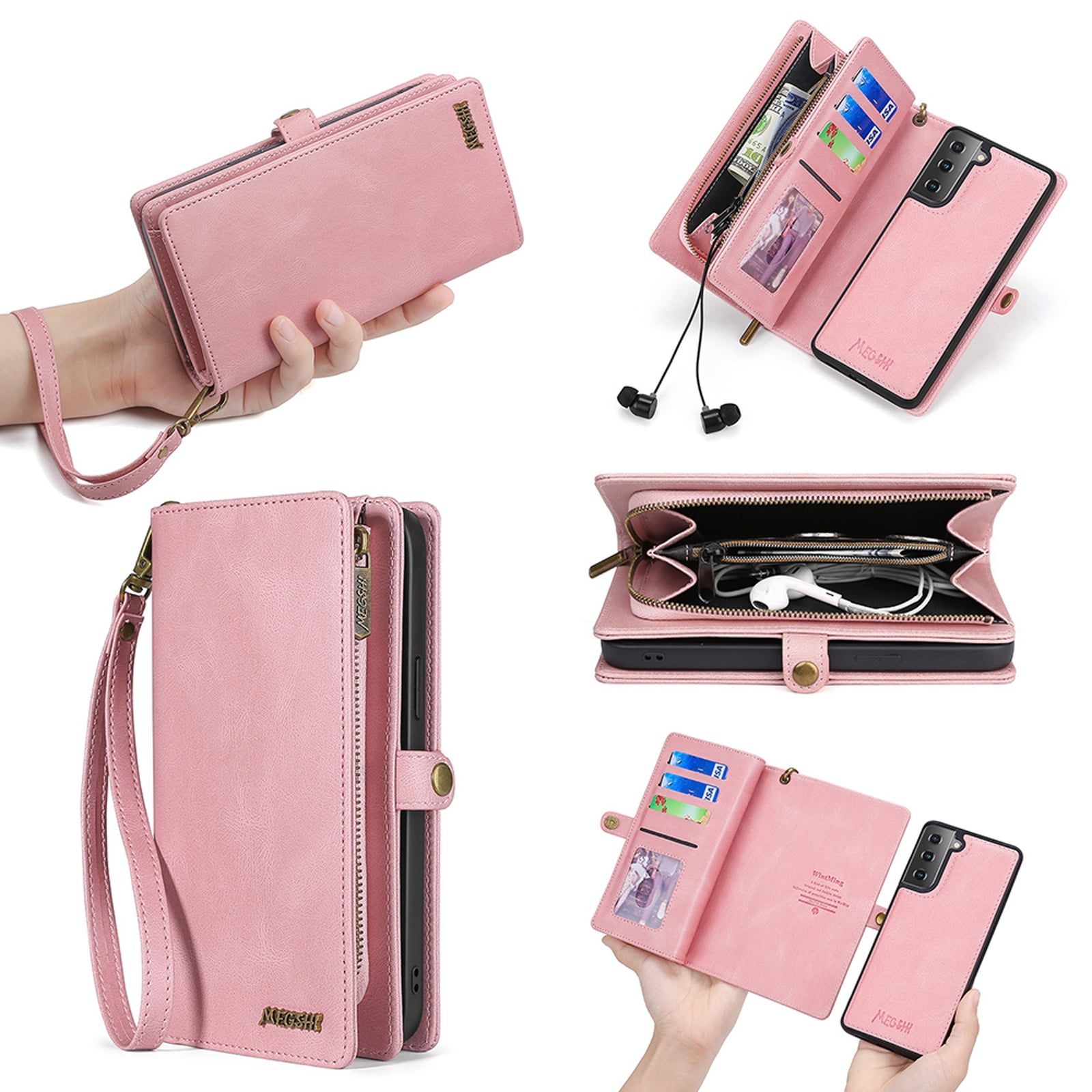 for Samsung Galaxy S24 Case for Women Men, Removable Durable PU Leather Magnetic Flip Strap Wristlet Zipper Purse Card Holder Detachable Wallet Phone Cases for Samsung Galaxy S24, Pink