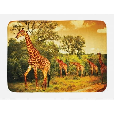 Giraffe Bath Mat, African Safari Animals Walking in the Green Forest Savannah Wildlife Theme, Non-Slip Plush Mat Bathroom Kitchen Laundry Room Decor, 29.5 X 17.5 Inches, Dark Orange Green, Ambesonne