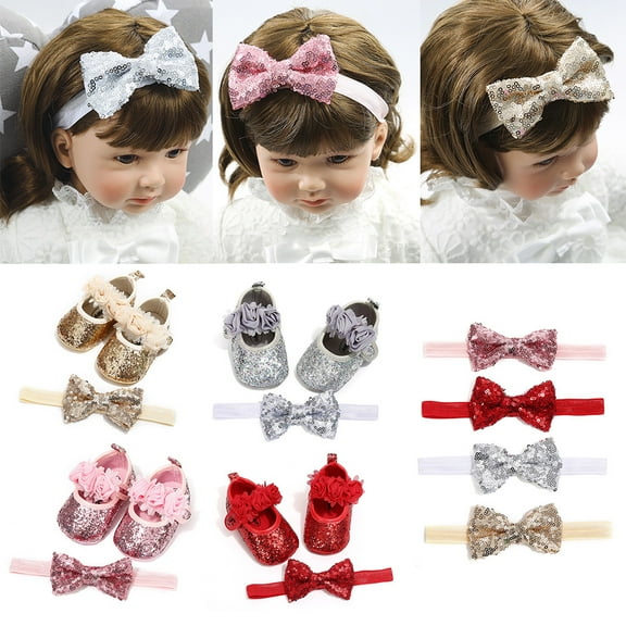 Visland Baby Girl Headbands Sparkly Glitter Sequins Hair Bows Ribbon Soft Stretchy Hair Bands with Princess Shoes for Infant Newborn and Toddlers