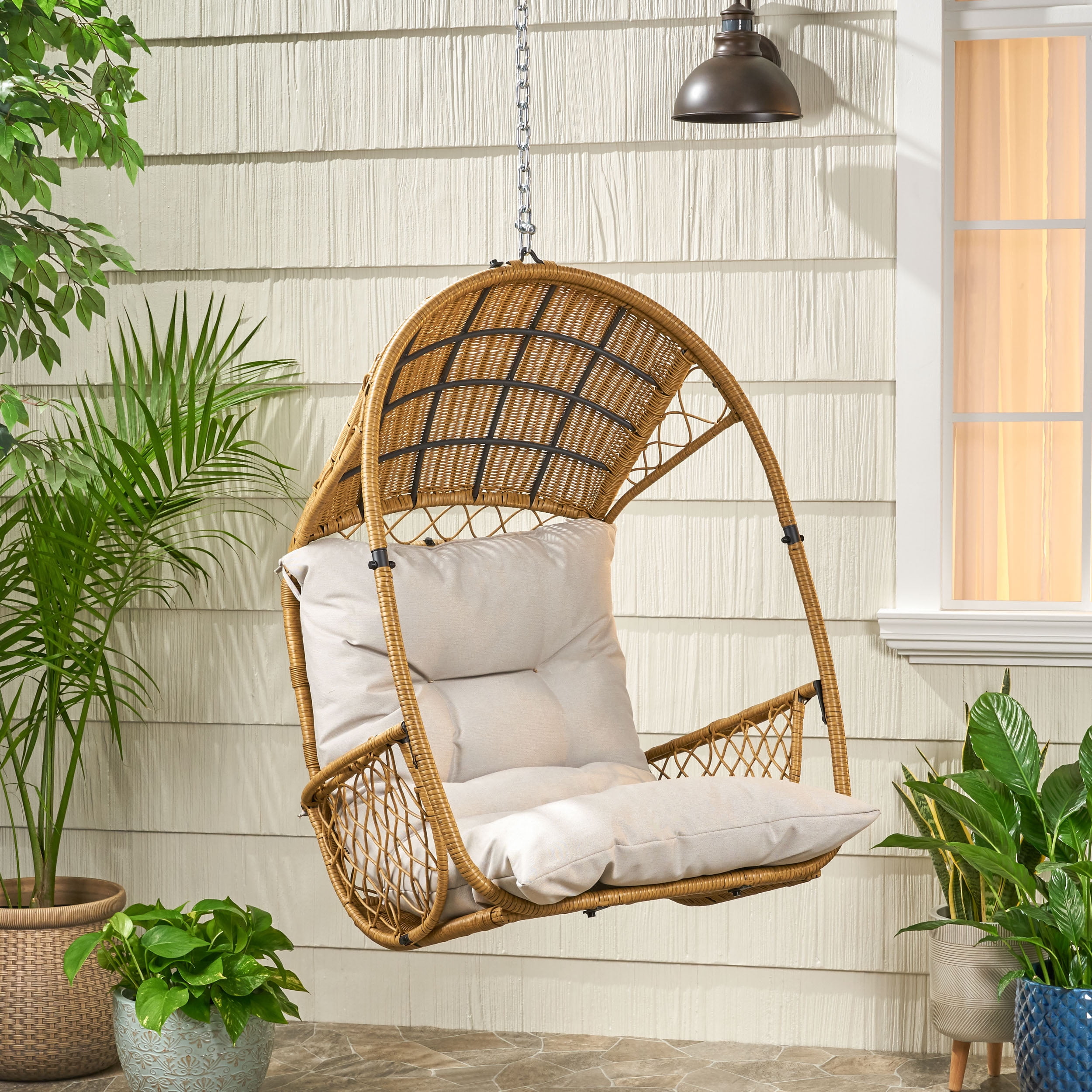 Outdoor Cushioned Hanging Leisure Chair, Wicker Weave Suspended Single Seat for Patio Garden, Light Brown and Beige