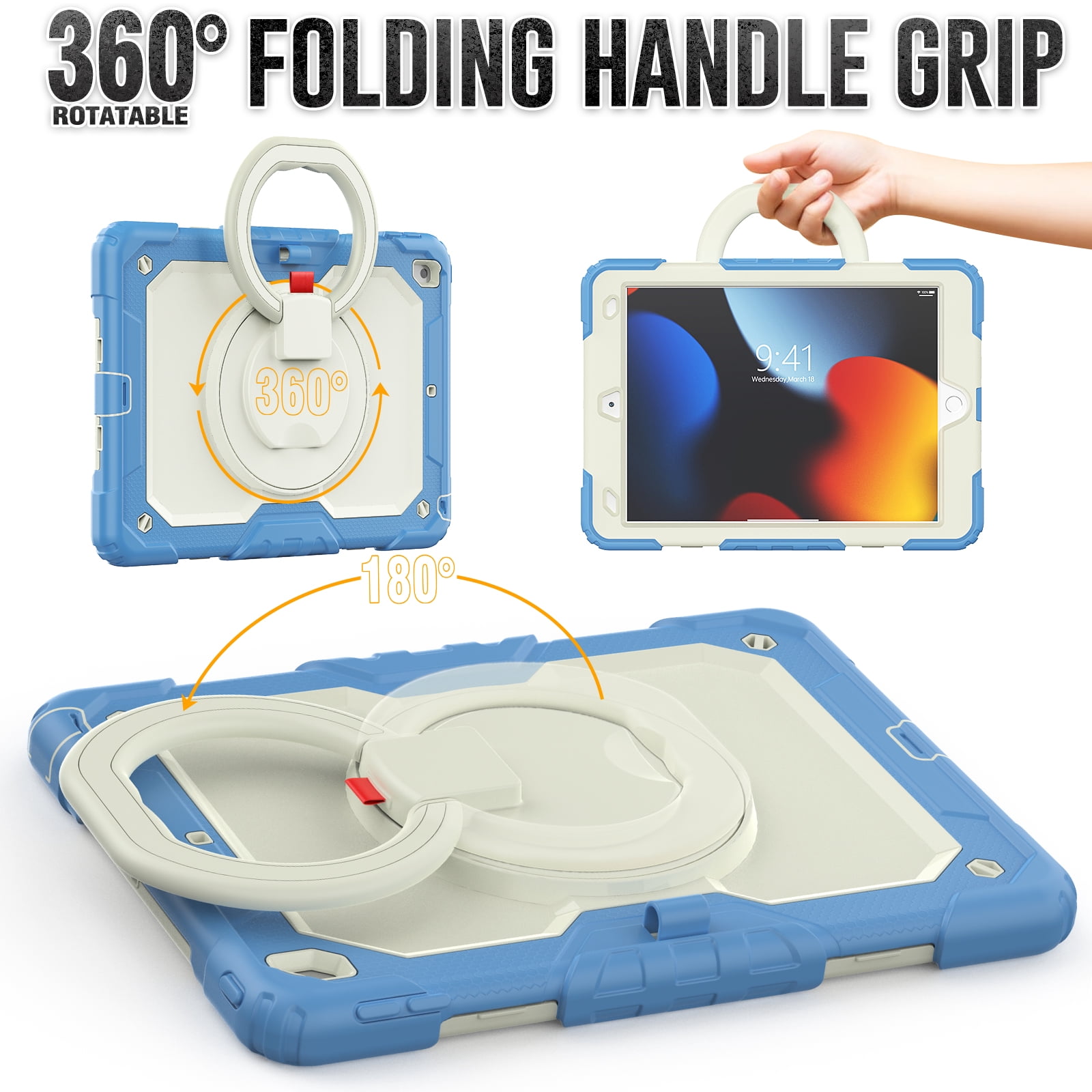Allytechgroup Screen Protector Case for Apple iPad 9th 8th 7th Generation 10.2 Inch 2021 2020 2019, Heavy Duty Protective Build-in Pencil Holder Handle Stand Rugged Bumper Case Kids Friendly,Blue
