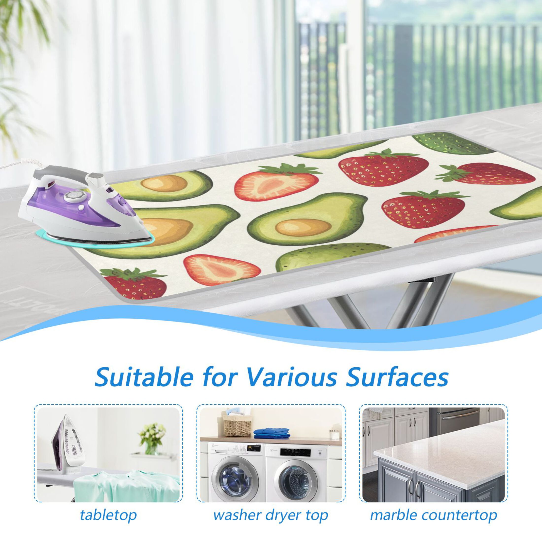 Avocados Strawberries Hand Drawn Ironing Mat Blanket Portable Travel Ironing Pad Heat Resistant Pad 47.2" x 27.6”