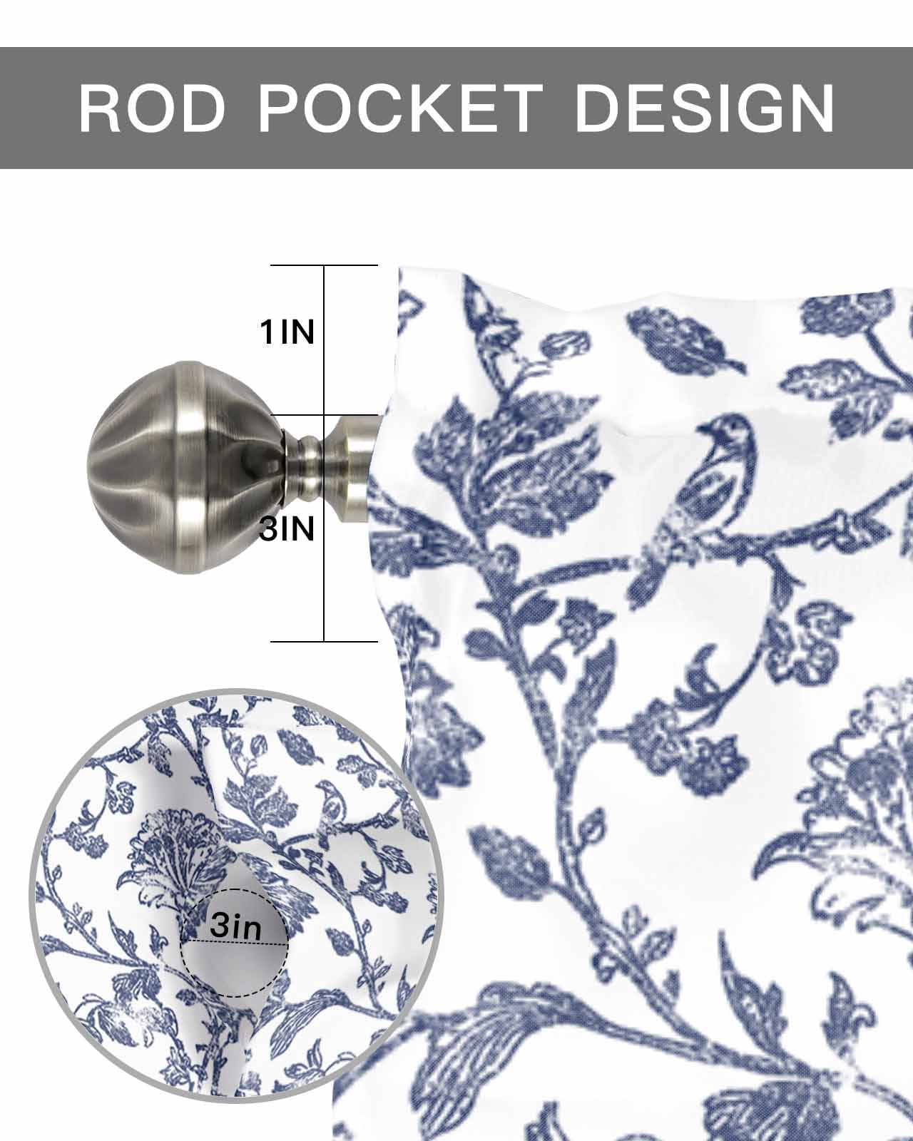 Watercolor Dark Blue Flower Curtain Valances for Kitchen Windows,Rod Pocket Short Valance Retro Pastoral Floral Texture Window Treatment for Living Room Bathroom Bedroom,42" x 12"-1 Panel