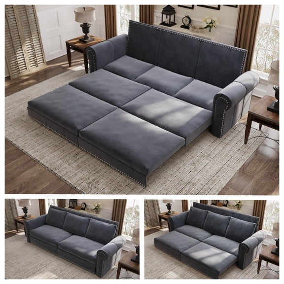 3-in-1 Velvet Convertible Sleeper Bed, 93.7" Chesterfield Sofa, King Size Pull Out Sofa Bed with Nailhead Trim & Rolled Arms, , Multi-Functional Futon Bed for Living Room, Bedroom, Apartment