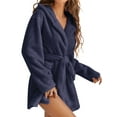 thumbnail image 3 of GESJQFZ Women Plush Hooded Shawl Collar Tie Waist Long Sleeve Bathrobe with Pockets, 3 of 7