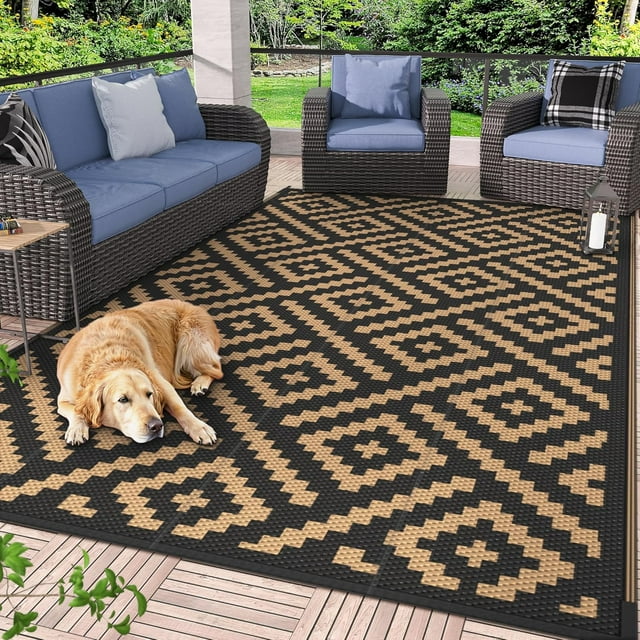 Outdoor Rug x Reversible Mats Outdoor Area Rug Plastic Straw Rug Geometric Rv Mat for Patio Camping Rv Picnic Backyard Deck Balcony Porch Beach Trailer ( & Grey)