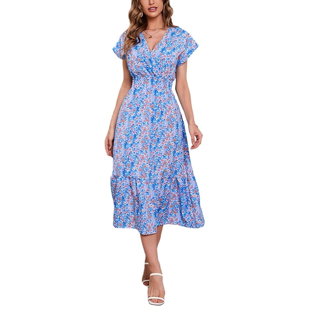SAYOO - Vestido de gasa de manga corta para mujer, informal, con flores, cuello en V, cintura alta, línea A, de longitud media SAYOO Moda