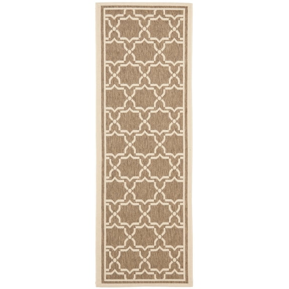 SAFAVIEH Courtyard Allison Geometric Bordered Indoor/Outdoor Runner Rug, 2'4" x 12', Brown/Bone